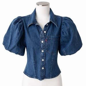 Levi's Puff Sleeve Denim Top XS Balloon Sleeve Fitted Button Front Cottagecore